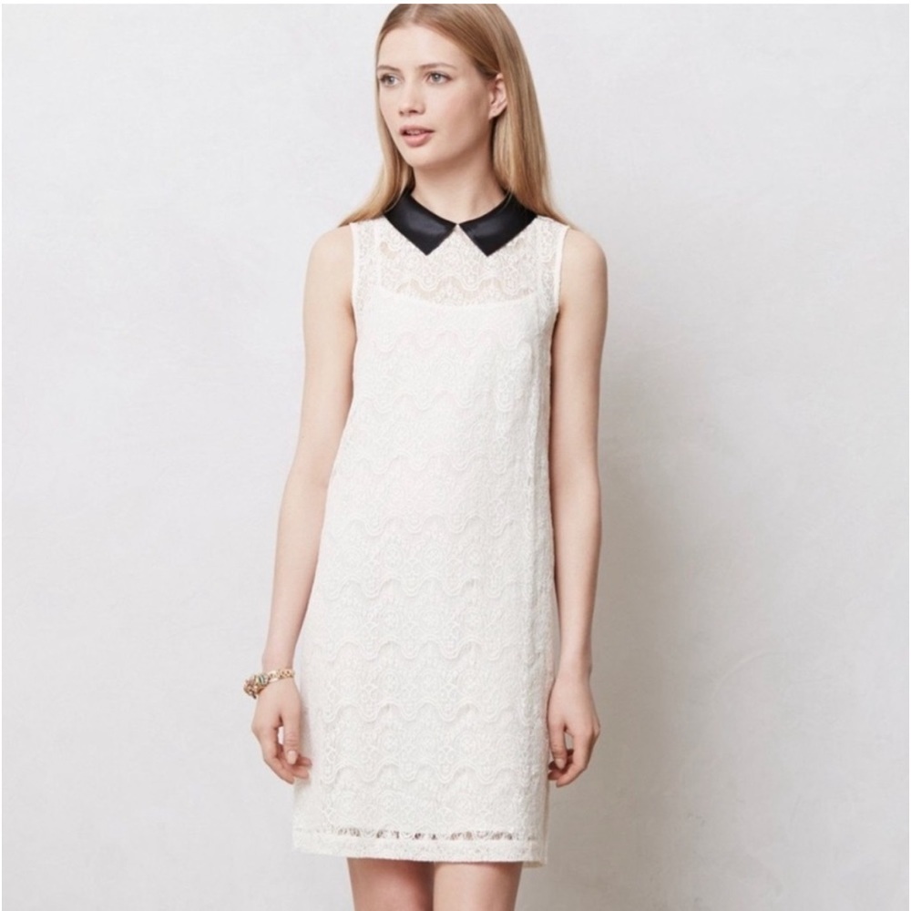 Anthropologie Isabella Sinclair Yvette Women Cream Lace Sheer Dress Black Collar
